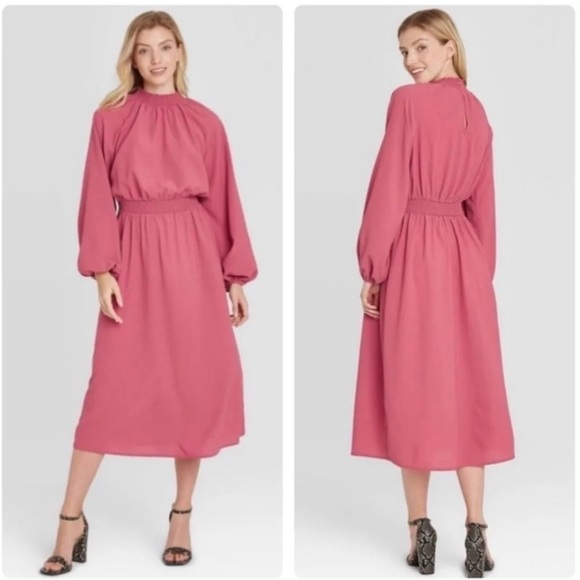 a new day Dresses & Skirts - A new day Pink Long Sleeve Midi Dress Puff Sleeve Midi dress